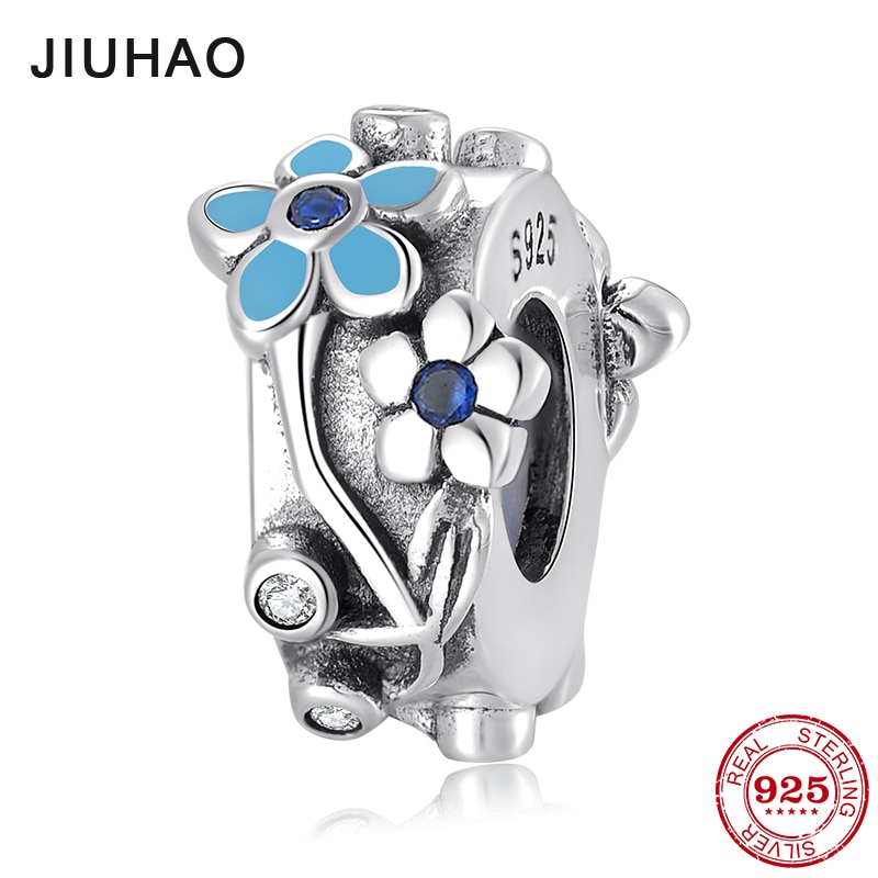 Reale 925 sterlina d'argento Blu dimenticare me non fiori CZ Fermacorda E Ganci Misura Branelli del Distanziatore Originale Braccialetto Europeo di Fascino Monili che fanno