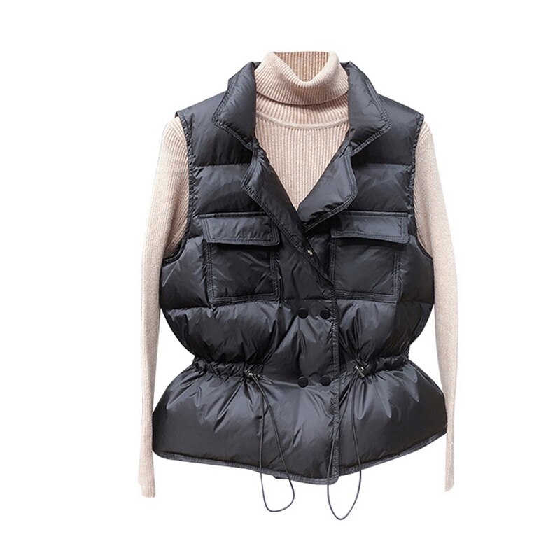Licht Down Vest Vrouwen Korte Vest Winddicht Lichtgewicht Warm Vest Witte Eendendons Down Jas Mouwloze: Black / L