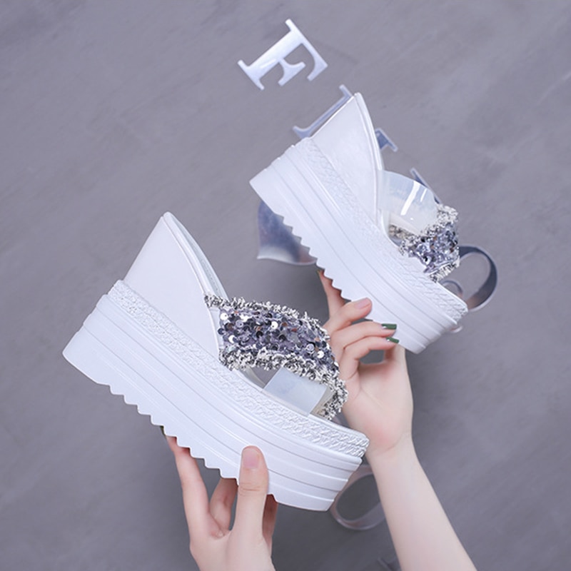 Vrouwen Chunky Slippers Mode Pailletten Platform Schoenen Zomer Pu Lederen Dames Slippers Schoenen Vrouw Zomer Strand Slipper