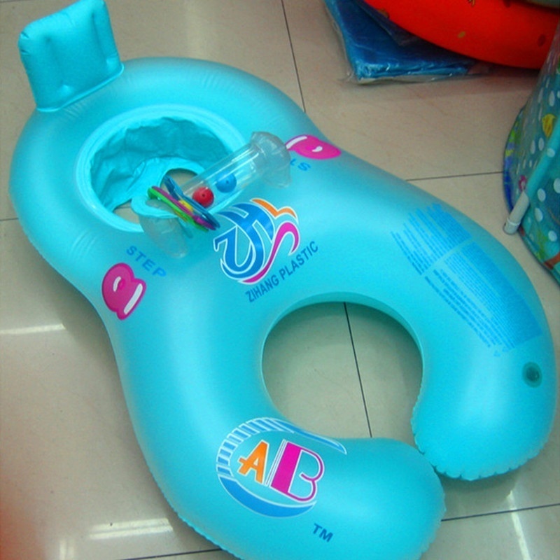 Inflatable Baby Swimming Ring Mommy Baby Parent-Child Double Person Float Seat Swimming Boat with Removeable Sun Canopy: Blue no sunshade