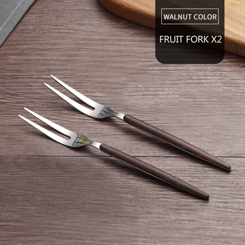 WORTHBUY 2 Pcs/Set Fruit Fork Spoon Set 304 Stainless Steel Salad Fruit Fork Dessert Spoon Bento Food Picks Kichen Accessories: Walnut 2 Fork