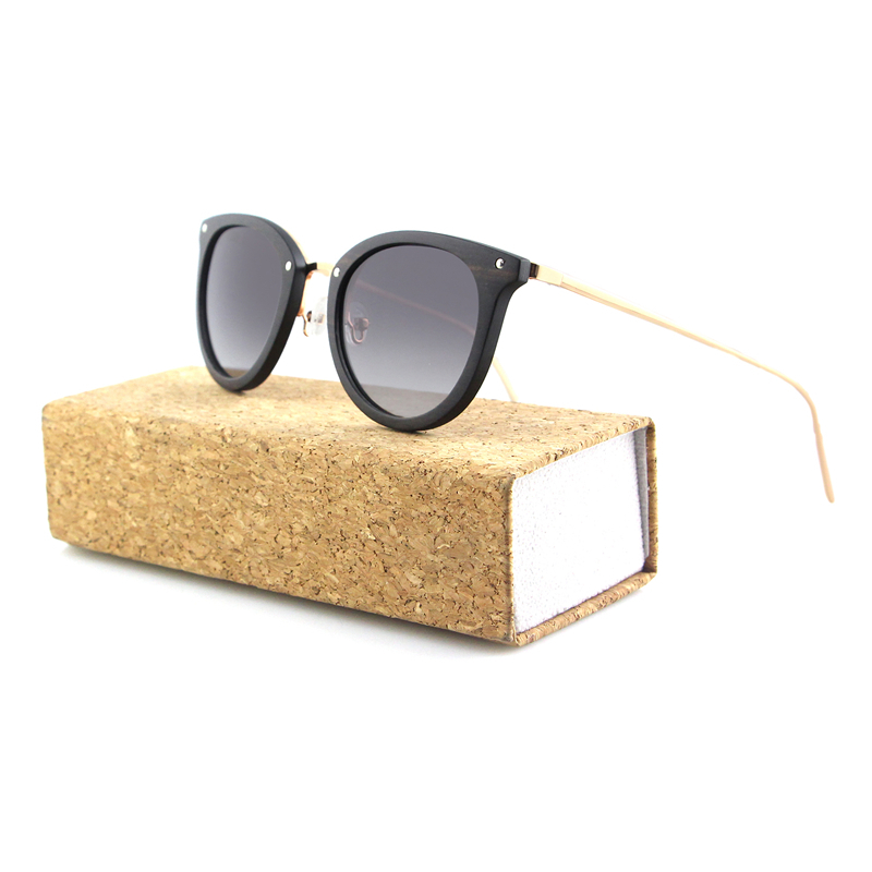 Skymood Vintage Women's Polarized ROSE Gold Tint Lens Cat Eye Steel Metal Ebony Wood Frame Sunglasses