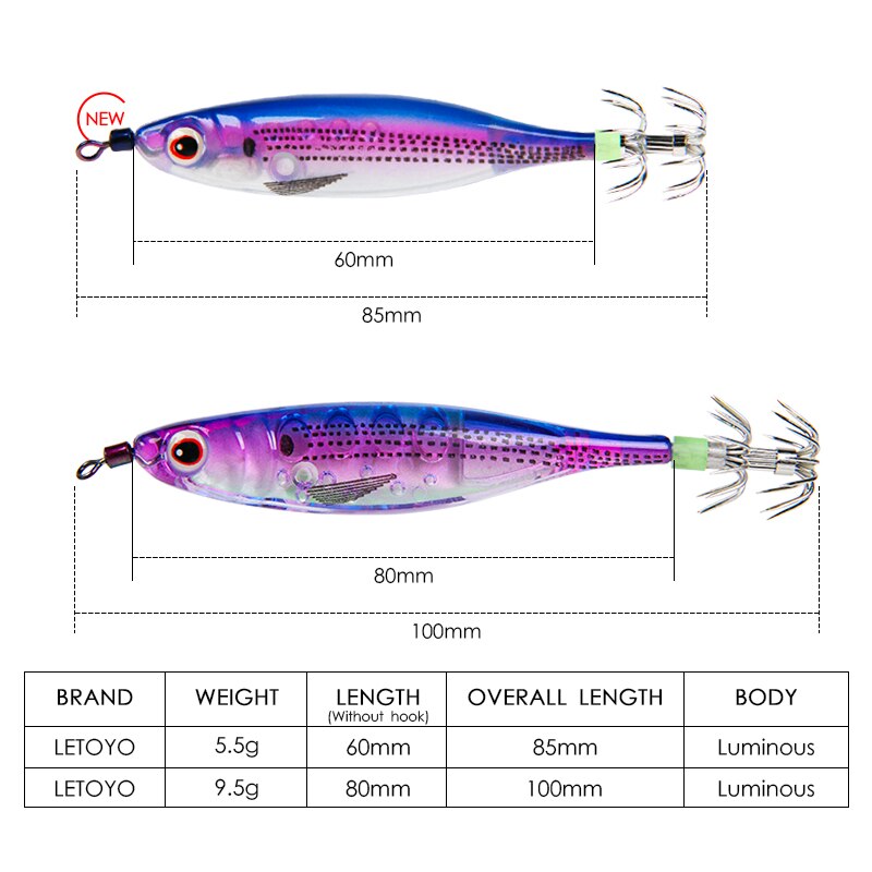 LETOYO-9,5g, 80mm,señuelo de pesca flotante, jibioneras, pajaritos pesca calamar, anzuelo de calamar, Jigging, gambas artificiales, luminoso, señuelos pulpo, sepia, para pesca en el mar, poteras calamar