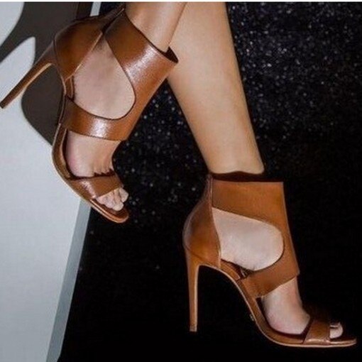 Women Summer thin high Heels 9cm zipper Pointed Toe Gladiator sandals Office Party wedding Shoes: Chocolate / 39