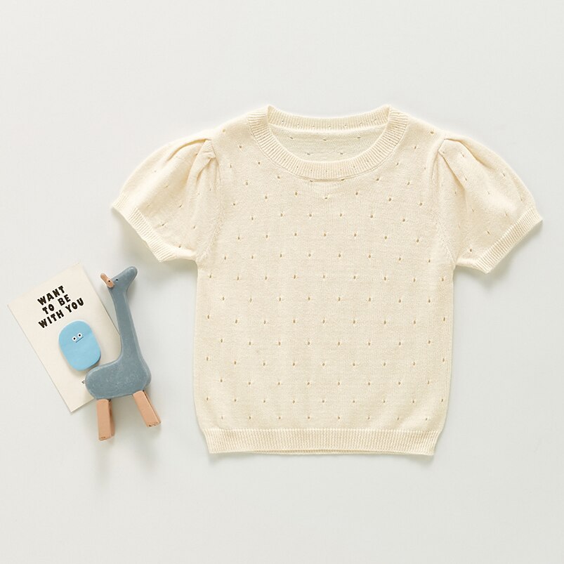 Schattige Baby Baby Katoenen Shirt Kleding Lente Zomer Korte Mouw O-hals Effen Mesh Breien Tops Voor Peuter Jongen Meisje Casual: beige / 0-3 Months