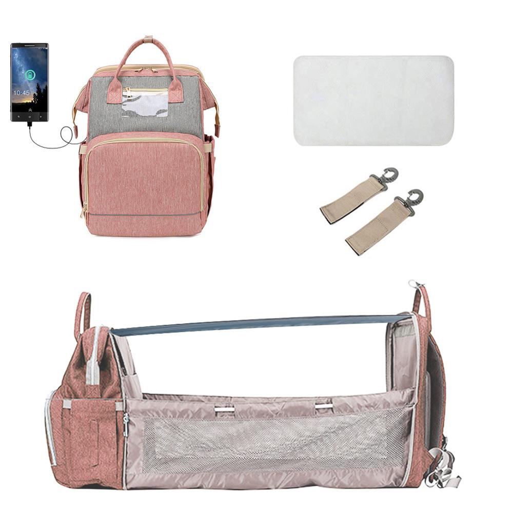 Baby Luiertas Rugzak Bed Wieg Baby Slaapzak Voor Reizen Bed Luier Pad Wandelwagen Organizer In Voorraad: Pink with USB