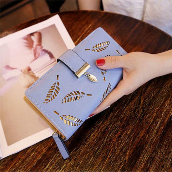 Women's Wallet PU Leather Purse Lady Girl Female Long Wallets Hollow Leaves Coin Purse Card Holder Clutch: Blue