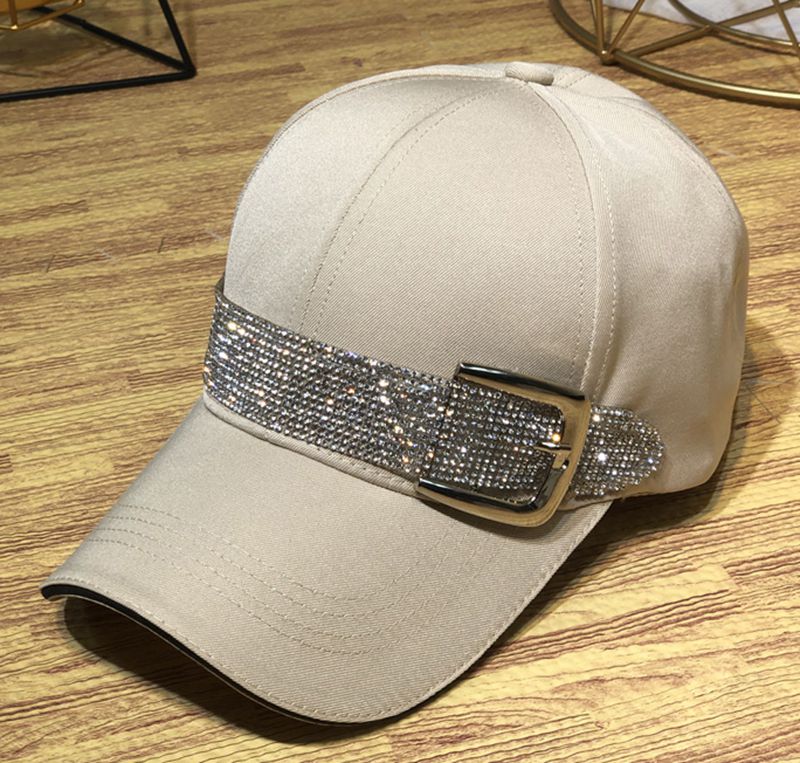 rhinestone belt baseball hat cool spring summer autumn hat solid color crystal baseball hat: beige