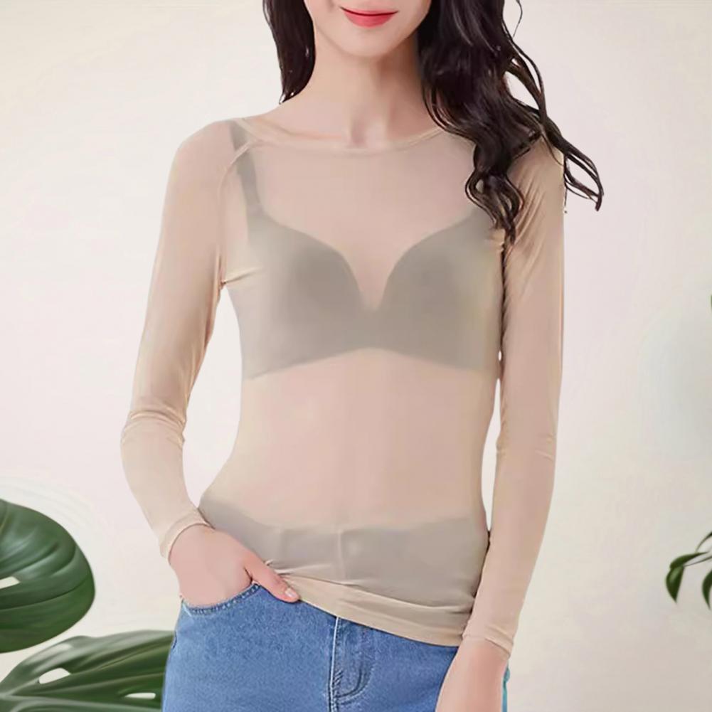 Transparent mesh-bluse til kvinder, langærmet, sexet, gennemsigtig, stretchgarn-bluse med mesh-bund, sol-t-shirt