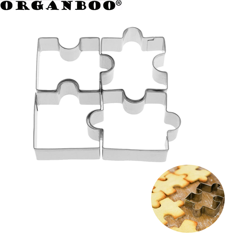 ORGANBOO 4 stks/partij Rvs Cookie Cutter Mold Fondant Puzzel Stuk Zilveren Cookie Groente Fruit Patroon Cutter