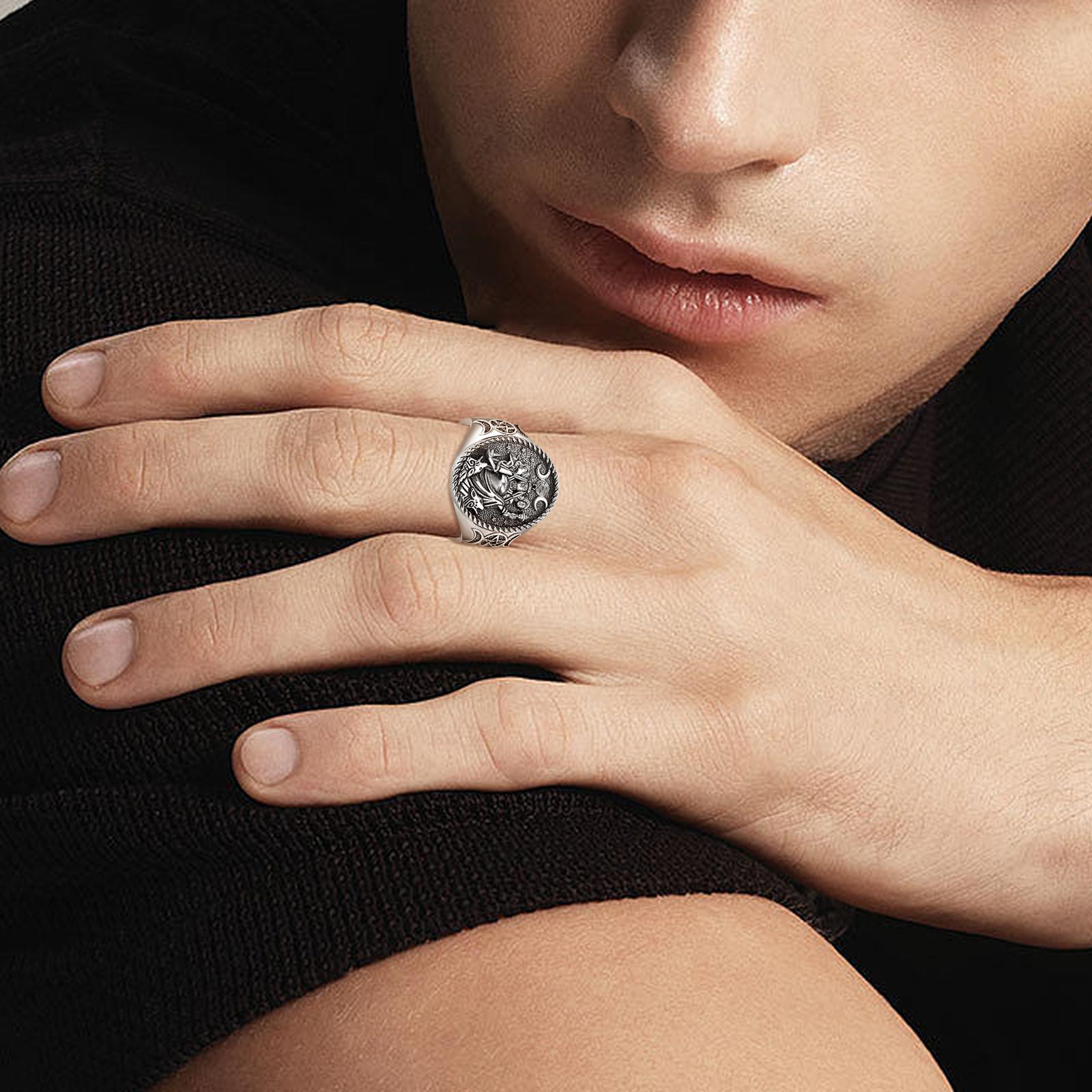 Anillo ajustable Eudora de Plata de Ley 925 con Triple diosa de la Luna, amuleto de perro Hecate, joyería de diosa Triple para mujer y hombre,