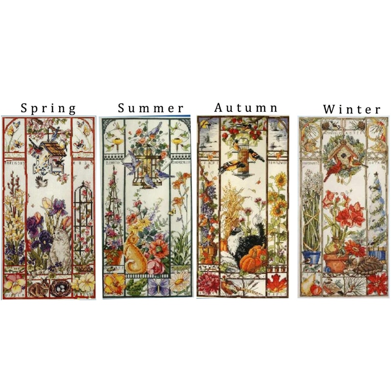 Gold Collection Lovely Counted Cross Stitch Kit Spring Summer Autumn Winter Cat Sampler Janlynn 023-0585 0580 0579, season cat