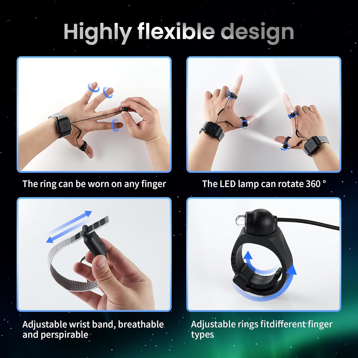 Beam Flexibility Finger Flashlight Rechargeable IP68 Waterproof Hands-Free Light for Repair, Outdoor Camping, Fishing, Long Life