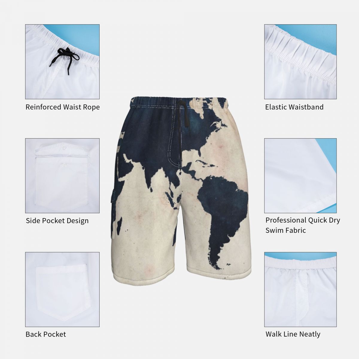 Short de bain avec imprimé de la carte du monde pour hommes, culotte de planche, pantalon court, taille élastique, maillot de bain confortable, grande taille, offre spéciale