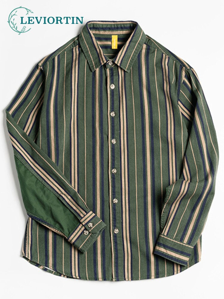 Camisas De algodón De manga larga con botones para Hombre, Camisas De rayas verticales verdes Vintage, Tops, ropa De calle coreana