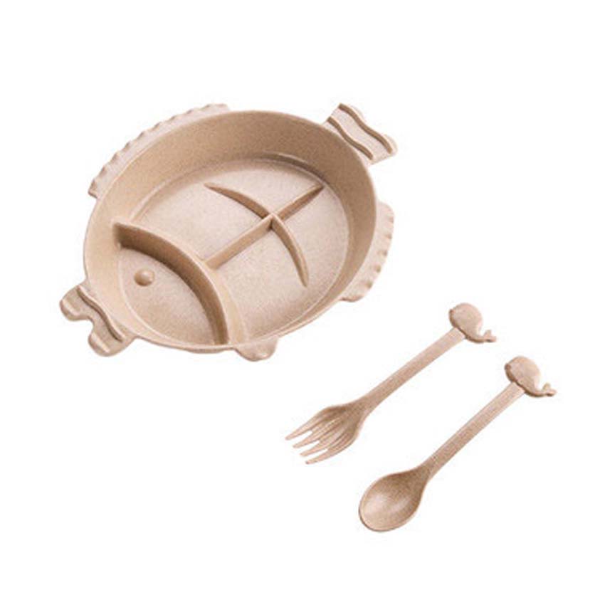 Cartoon Baby Dishes Wheat Fiber Sub-grid Plates Irregular Children Tableware For Infant Toddler Kids Feeding Utensils: Beige Fish Set