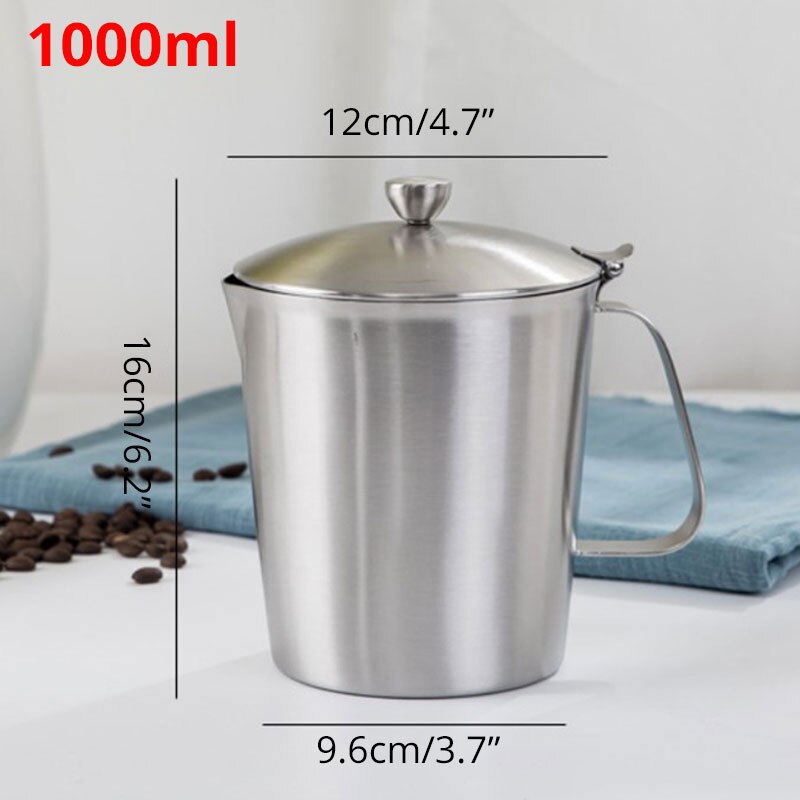 Milk Frothing Pitcher Jug with Lid and Measurment - Upgraded Thicken 304 Stainless Steel Measuring Cups Coffee Foam Container: 1000ml