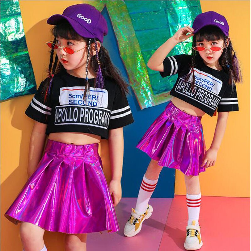 Kids Sequined Hip Hop Clothing Girls Tshirt Skirt Jazz Dance wear Costumes Ballroom Dancing wear Cheerleader Stage Outfits