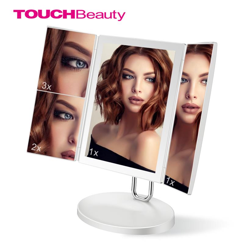 TOUCHBeauty Make-Up Spiegel, 1X 2X 3X 7X Vergrootglas Spiegels, Spiegel met Touch Dimmer, 34 LED Verlichting Tri-Fold Spiegel