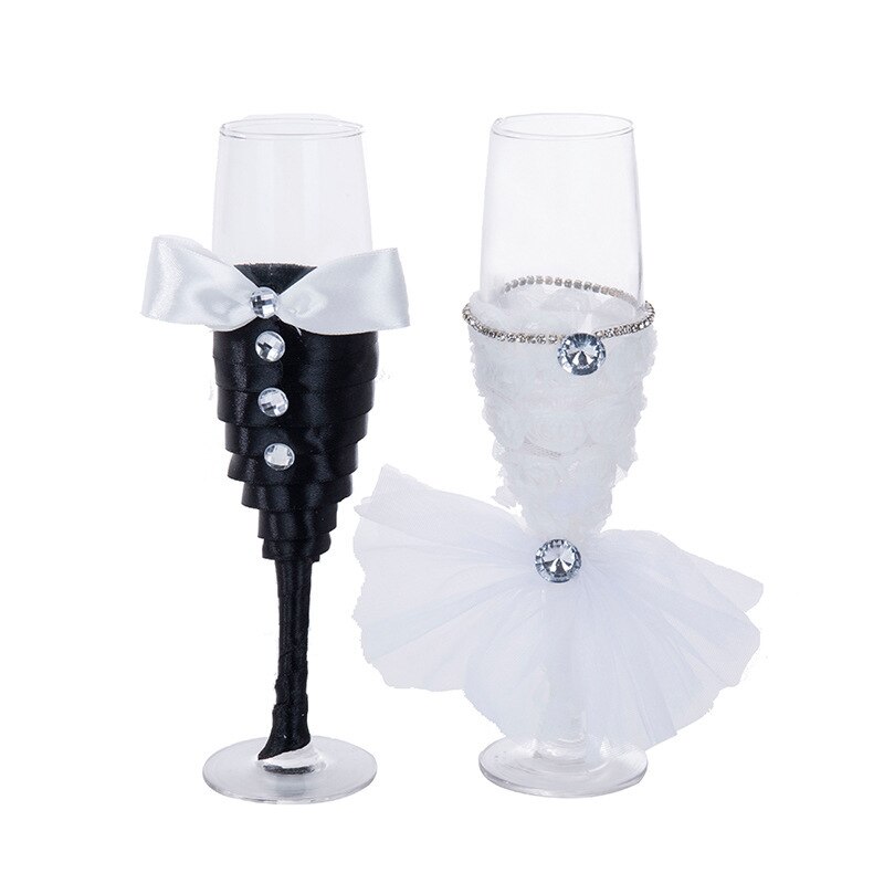 2 stk / sæt bryllupsbriller vinglas, brude og brudgom sort og hvid kjole champagne bryllupsbriller sæt