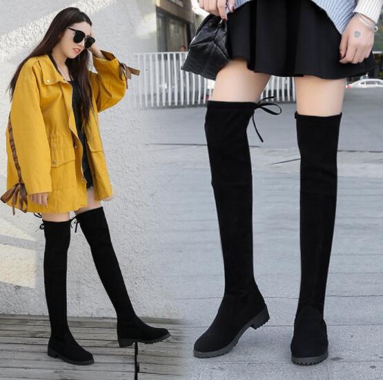 NAUSK Thigh High Boots Female Winter Boots Women Over The Knee Boots Flat Stretch Sexy Shoes Black Botas Mujer