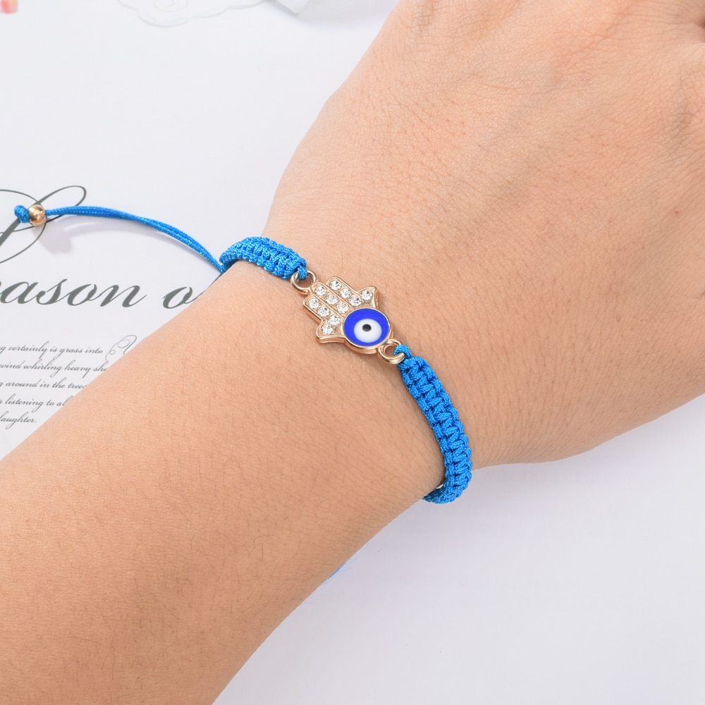 Pulseira feminina de 12 fábricas, bracelete trançado ajustável, corrente, azul turco, mau olhado strass