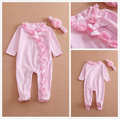 Langermet nyfødt spedbarn baby jenter 0 ~ 7m rosa blomster sløyfe fottøy + pannebånd klær antrekk sett