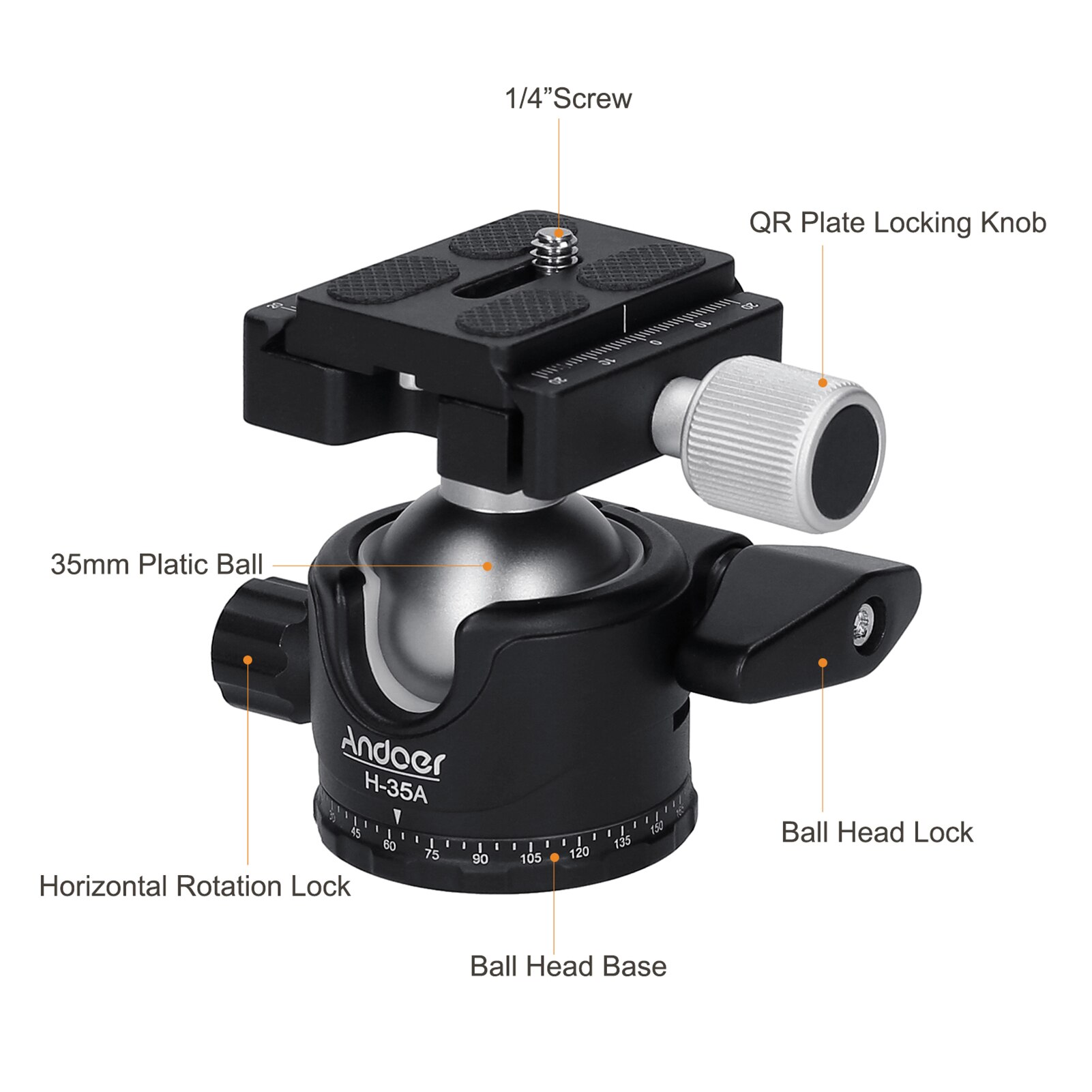 Andoer-tripé panorâmico para esferas, adaptador para montagem em tripé, cabeça esférica, ranhura em u, centro de gravidade, liga de alumínio, max capacidade de carga de 15kg