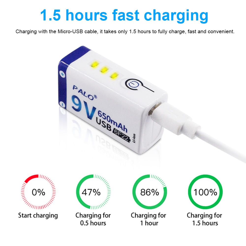1-12pcs USB 9V lithium rechargeable battery 9V 650mAh li-ion batteries led display
