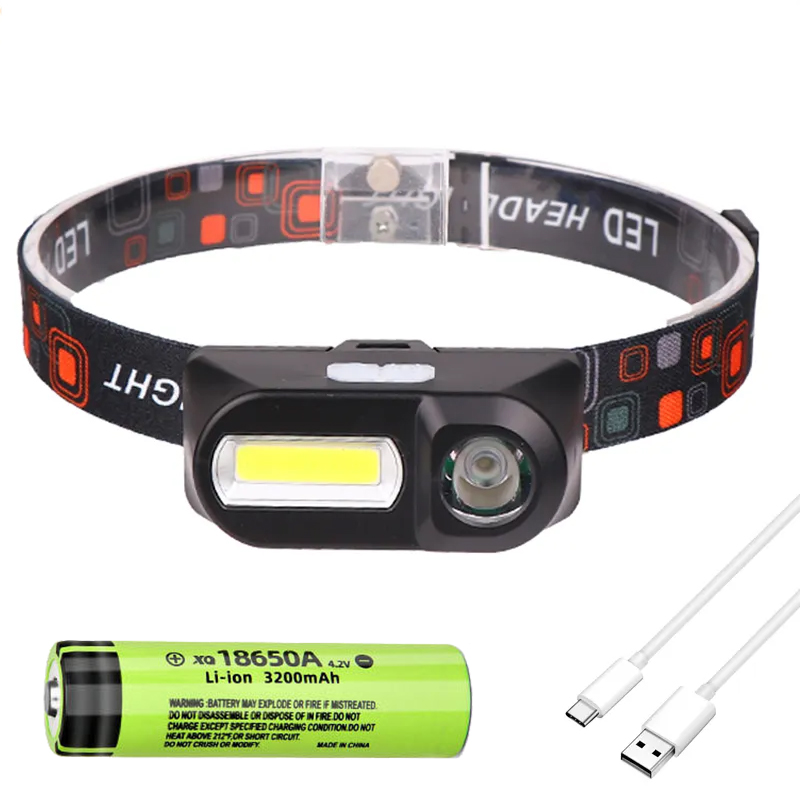 Mini bærbar pandelampe cob+xpe led usb genopladelig pandelampe vandtæt pandelampe hovedlommelygte til camping vandreture: Grøn / Brun