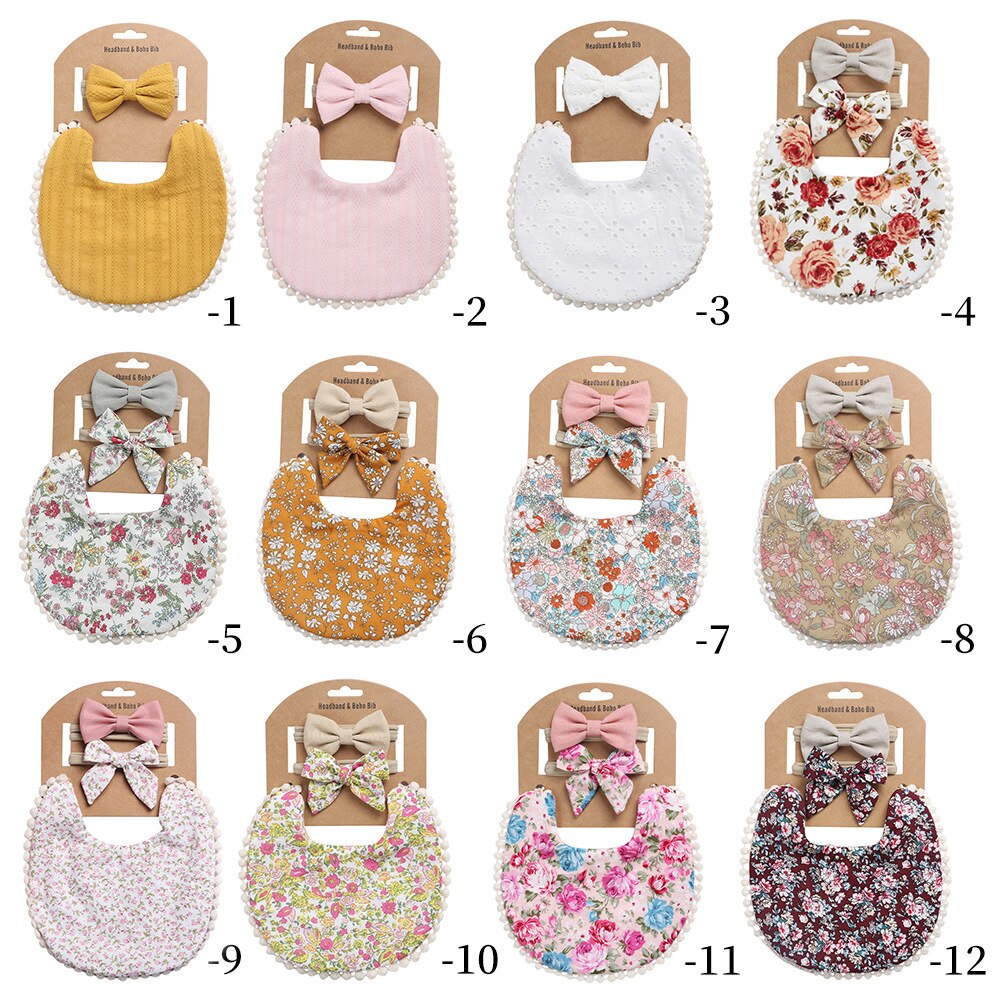 2Pcs/3Pcs Set Baby Speeksel Bib Hoofdband Set Sjaal Linnen Katoen Effen Kleur Afdrukken Kinderen Double Side gebruik Burp Doeken Kids