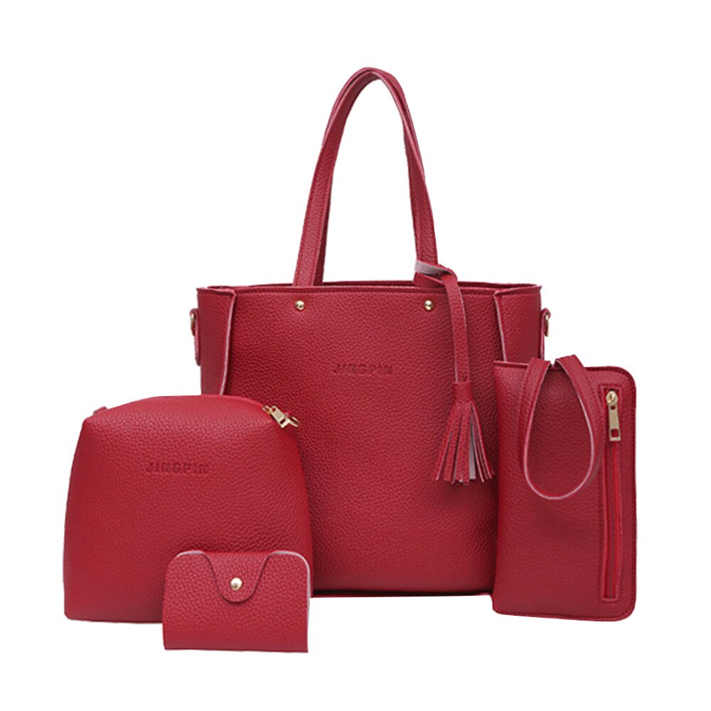 Women Four Set Handbag Shoulder Bags Four Pieces Tote Bag Crossbody Wallet Bags: Red
