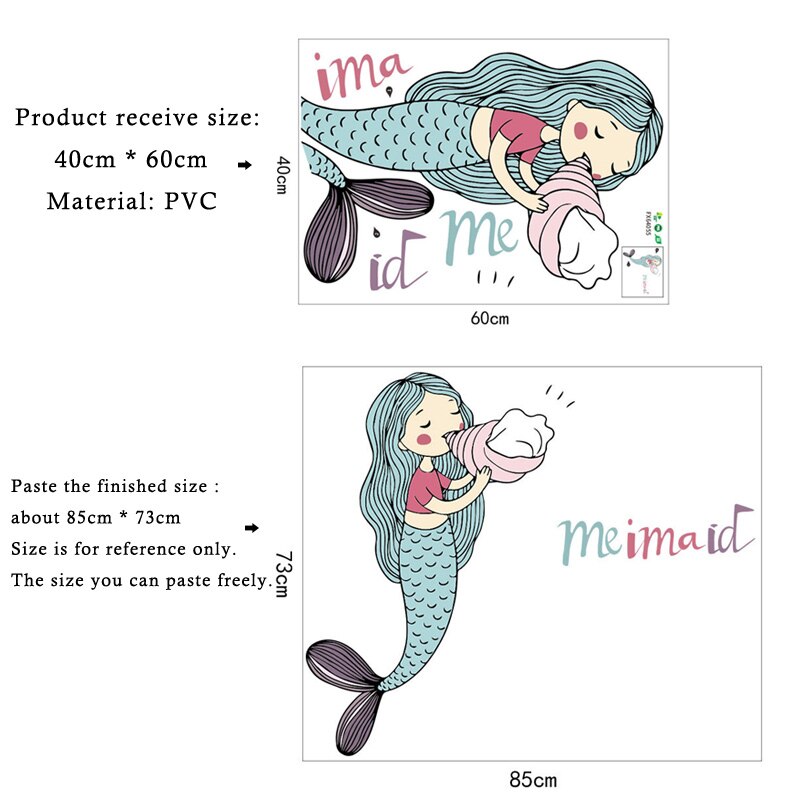 Cartoon mermaid blowing conch Wall Sticker for baby girl's room bedroom decorations wallpaper Mural nursery mermaid stickers