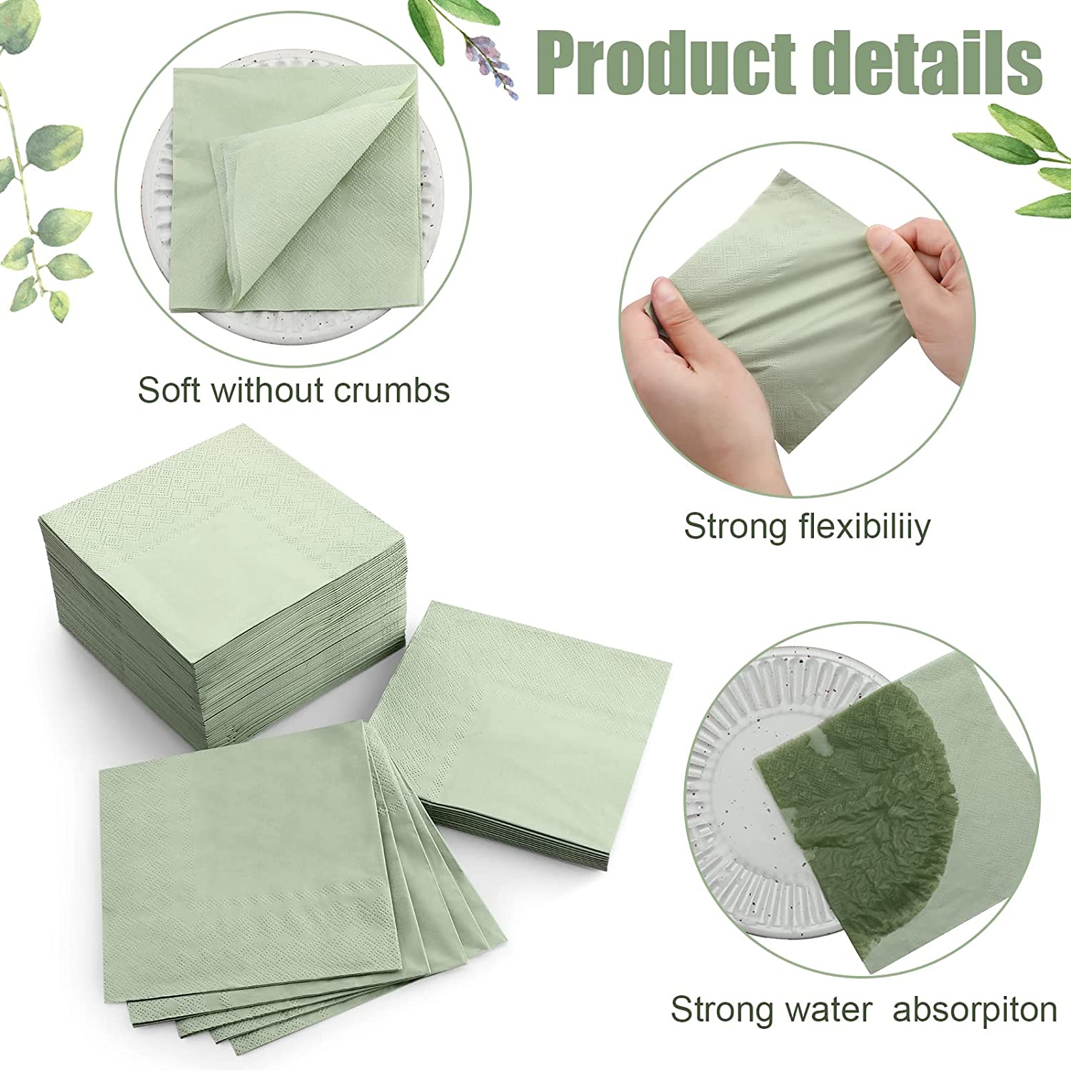 Sage Green Paper Cocktail Napkins Disposable 3 Ply Beverage Embossed Wedding Soft for Birthday Dinner Party Bridal Shower