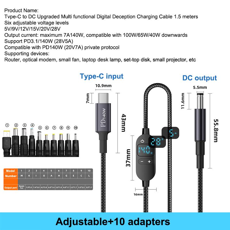 USB C Naar DC Power Boost Kabel Verstelbare Spanning Adapter Connector Cord Voor Laptop Router PD140W/5 V/9 V/12 V/15 V/20 V/28 V: Blauw