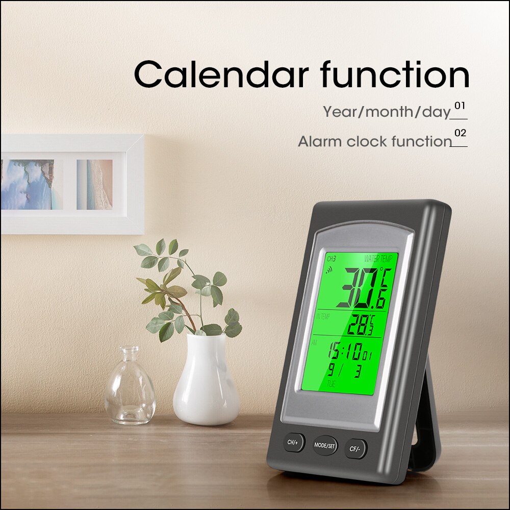 RZ Wireless Pool Thermometer Swim Spa Water Tub Home Temperature Meter Calendar Alarm Clock Waterproof Outside Sensor