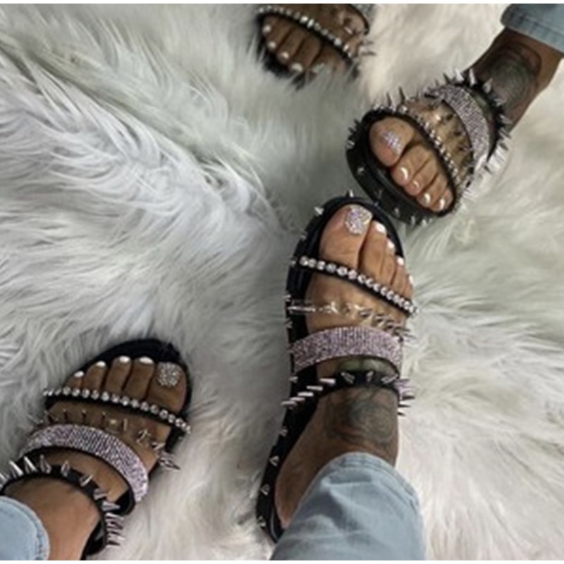 Tøfler damenagle leiligheter lysbilder rhinestone bling dame krystall sandaler sko sommer kvinne Plus str.