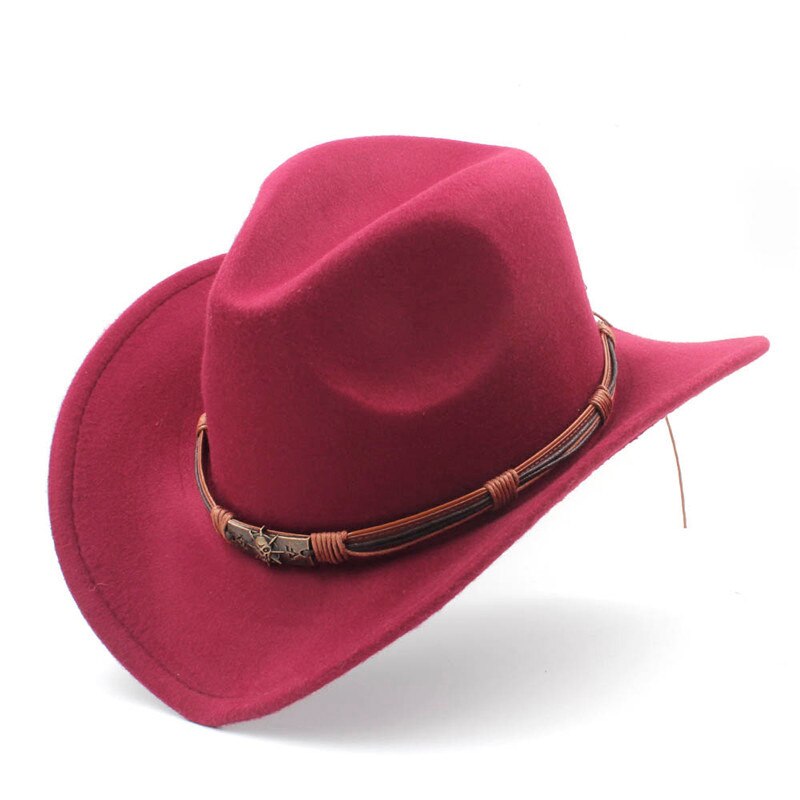 Mistdawn dame herre ull vestlig cowboyhatt herre dame cowgirl jazz sombrero lokk belte str 56-58cm: Vinrød
