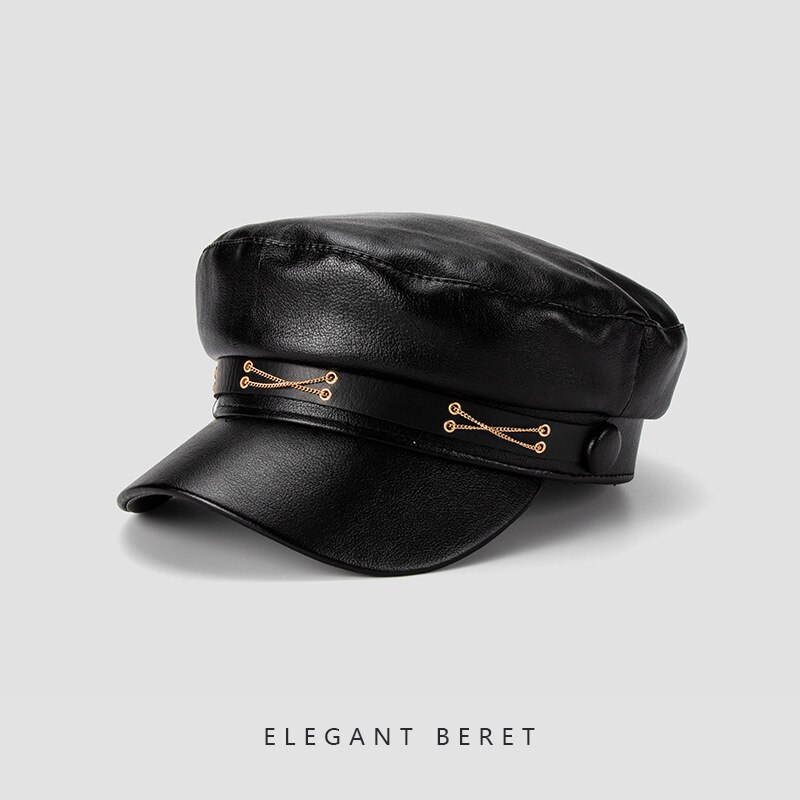 Black women&#39;s octagonal hat British retro pu leather leather hat beret