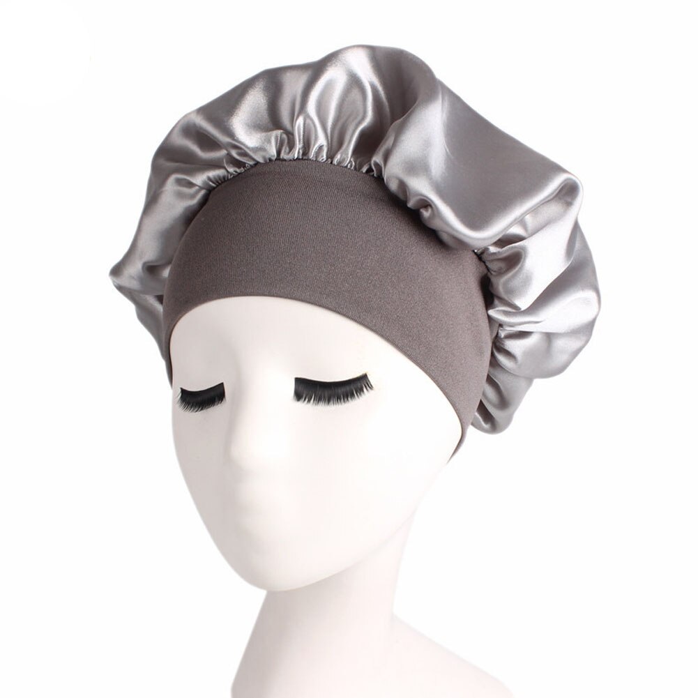 Solid Silk Satin Night Sleep Cap Hair Bonnet Hat Head Cover Wide Band Adjust Elastic: Silver