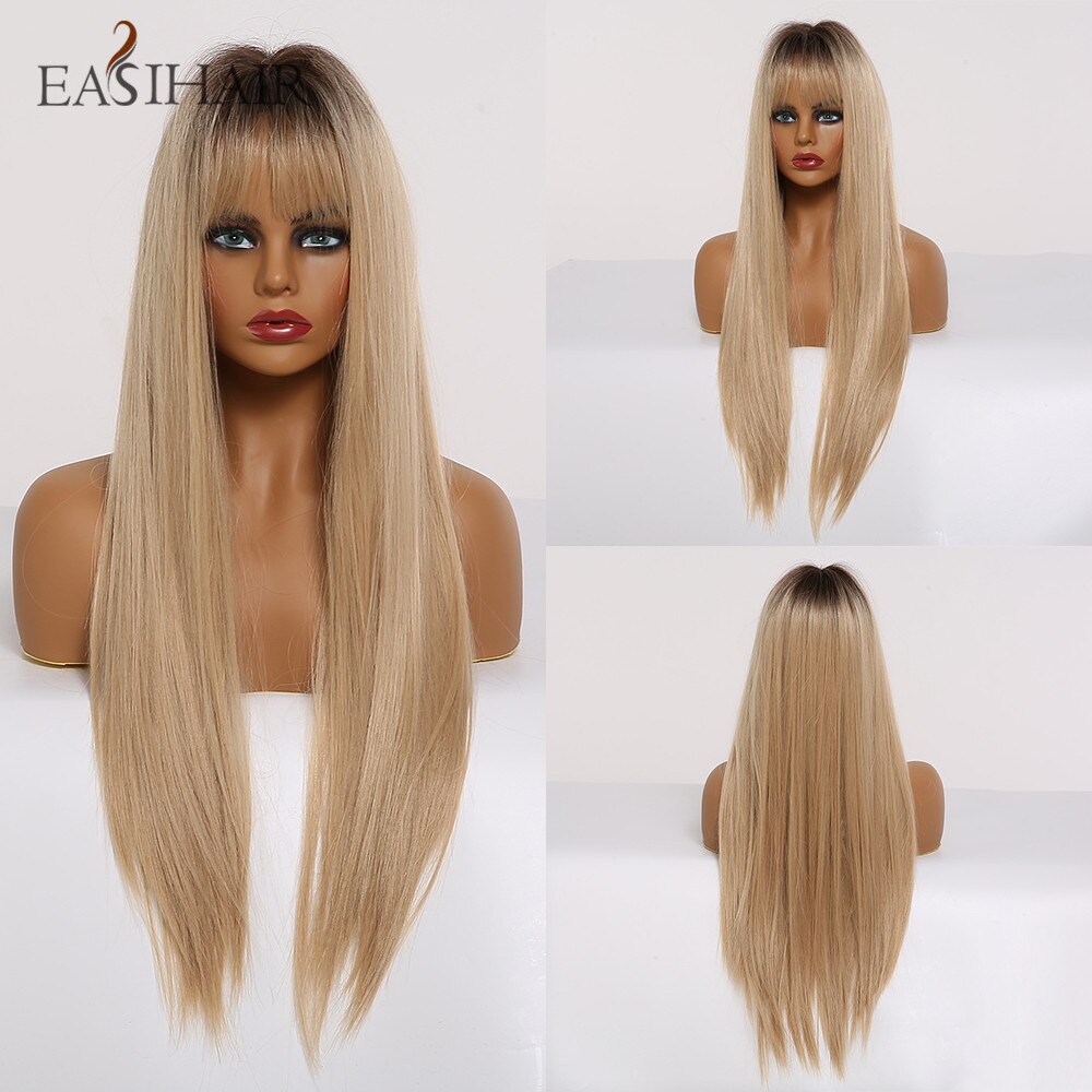 EASIHAIR, pelucas largas rectas de color negro a marrón con flequillo, pelucas sintéticas de pelo Natural, pelucas de Cosplay diarias, resistentes al calor: lc288-1