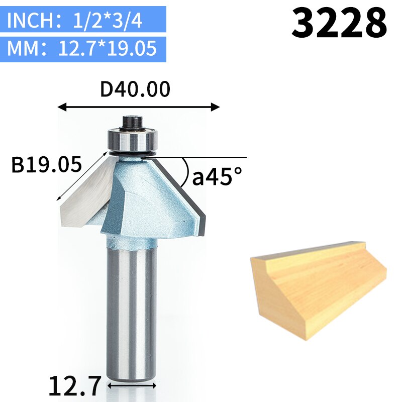 HUHAO 1pcs 1/2"1/4" Shank Chamfer Cutter Industrial grade Router Bits for wood Horse Nose Bit 45 Deg CNC Woodworking Tool endmil: 3228