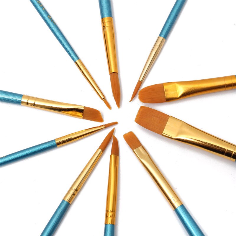 10Pcs/set Nylon Artist Paint Brush Watercolor Acrylic Wooden Handle Painting Brushes Art Supplies Stationery
