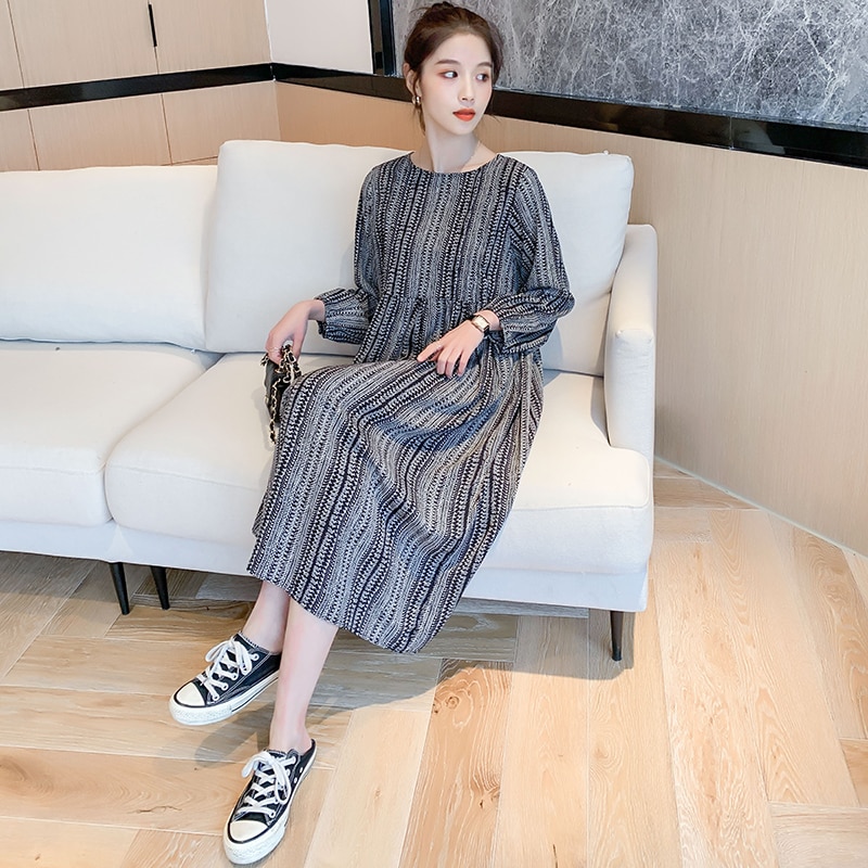 Autumn Plus Size Maternity Long-sleeved Lactation Dress Vintage Nursing Clothes Chiffon Postpartum Women Breastfeeding Dress