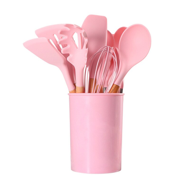 Silicone Kitchenware Cooking Utensils Set Non-stick Cookware Spatula Shovel Egg Beaters Wooden Handle Kitchen Cooking Tool Set: Pink