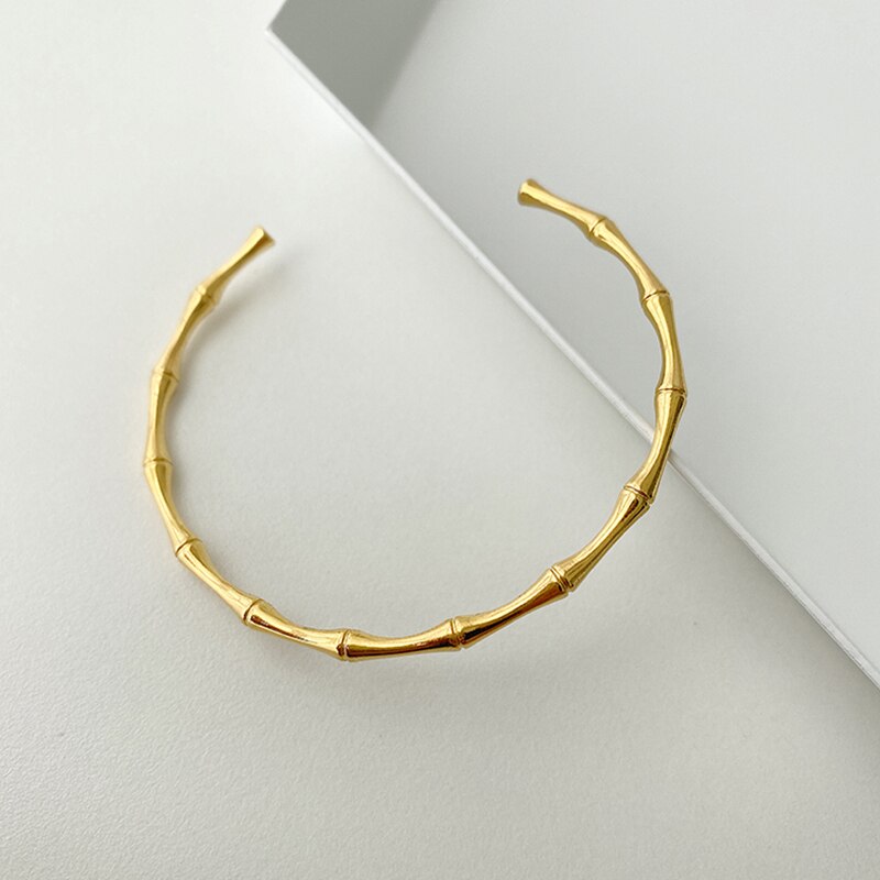 Peri&#39;sbox Gold Color Linked Bamboo Bangles Thin Geometric Bangles for Women Open Minimalist Cuff Bangles Adjustable Jewelry