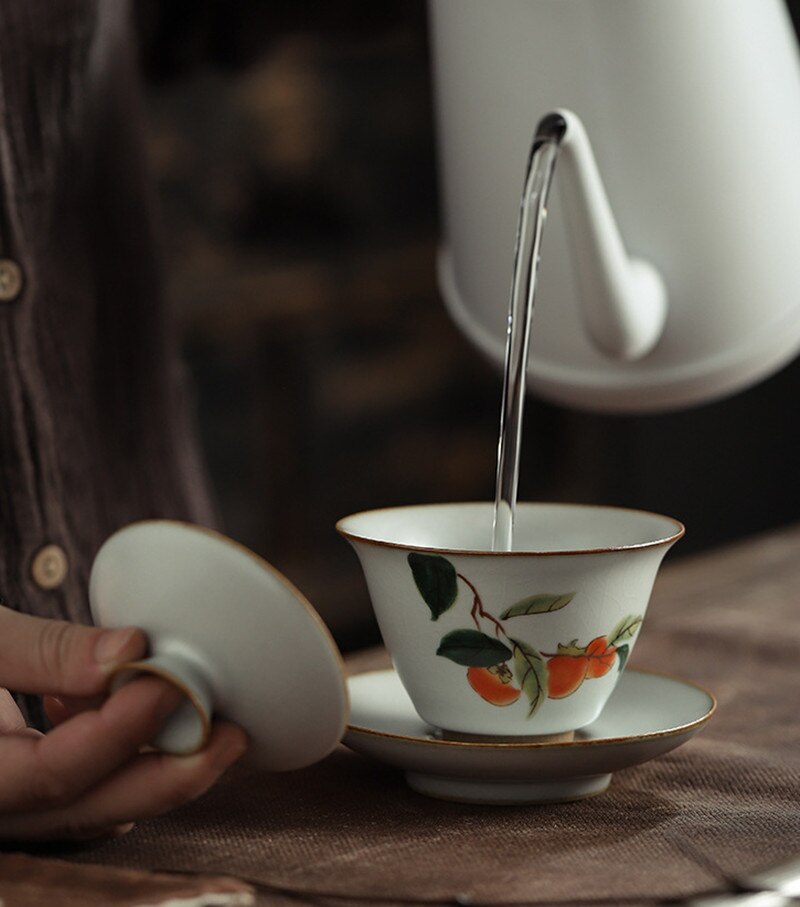 Pastoral keramik gaiwan fågelterrin kung fu teservis handgjord målning stor skål drinkware teskål