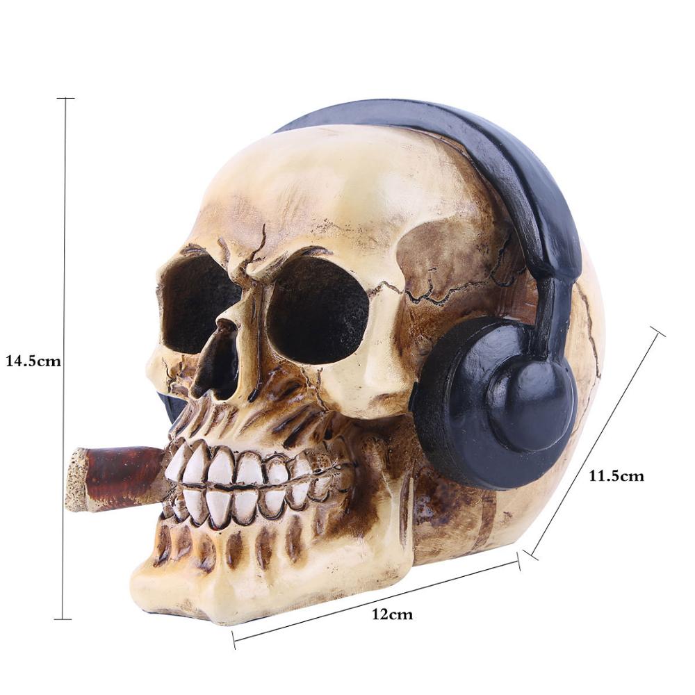 Vilead harpiks håndværk kranium hoved med hovedtelefoner kunst maleri film rekvisitter kranium ornament musik bar dekoration statuer skulpturer: Default Title