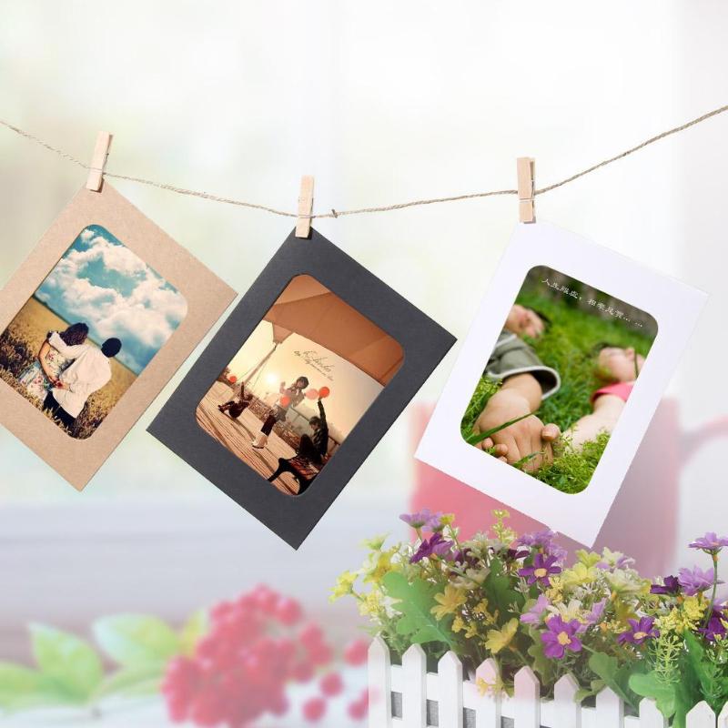 10Pcs DIY Kraft Paper Photo Frame 3-7 inch Hanging Wall Photos Picture Frame Kraft Paper With Clips and Rope For Family Memory