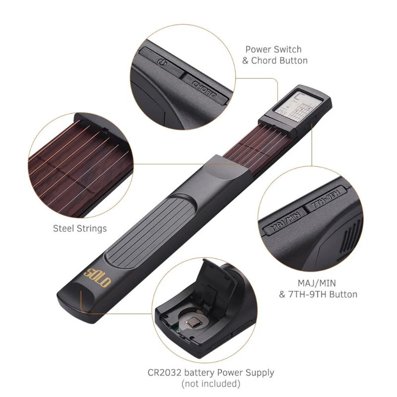Pocket Guitar Chord Practice Tool, Portable Guitar Neck for Trainer Beginner w/ a Rotatable Chords Chart Screen (Battery Include